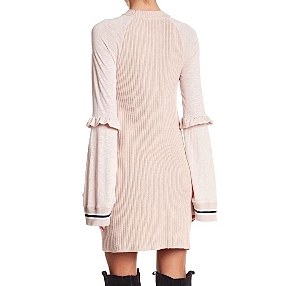 Free People Zou Bisou Ruffle Bell Sleeve Knit Sweater Dress in neutral blush M‎ - Picture 3 of 10